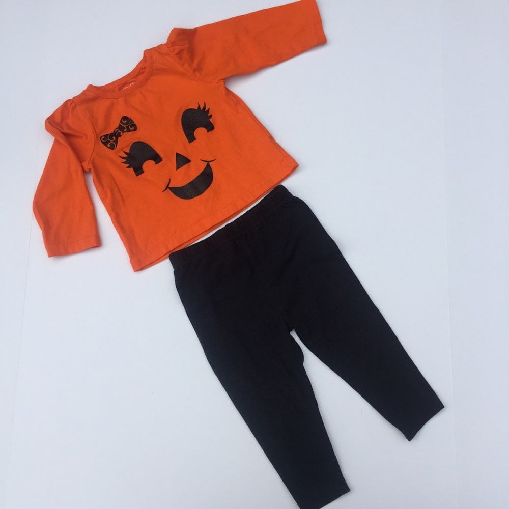 Longsleeved Orange Jack-o-lantern Top & Black Leggings Set size 12M